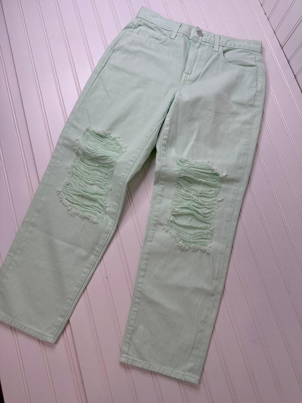 NWT L'AGENCE Dtove Pipe Adele jean Mint Green High Waist Distressed Cropped 25